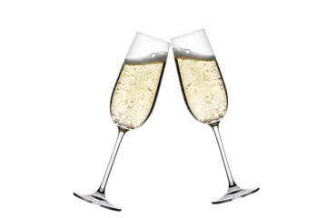 Two champagne glasses clinking together in a toast isolated on white isolated on transparent background