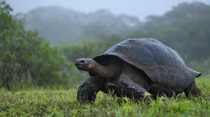 Fototapeta premium Galapagos Tortoise Strolls Through Grass in the Jungle Haze, Showcasing Its Majestic Presence and Natural Habitat in a Serene Environment