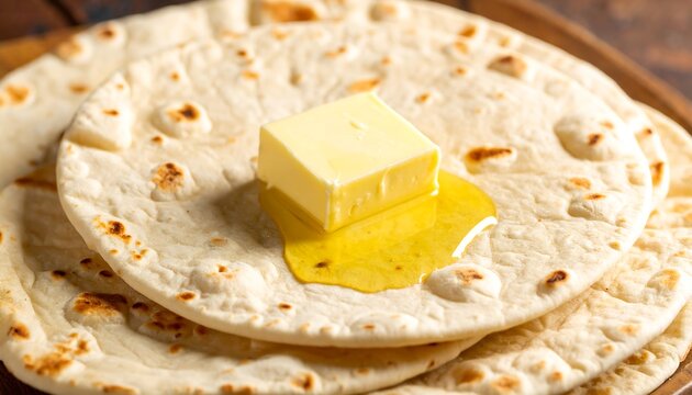 Stacked flatbreads topped with melted butter