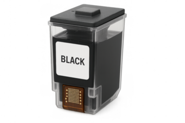 Black ink cartridge isolated on transparent background, ready for installation in an inkjet printer