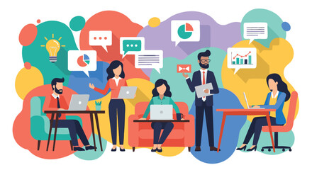 Business team collaboration with laptops and charts illustration