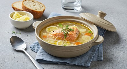 Salmon soup in a bowl with bread and butter on the side served on a blue napkin and gray surface
