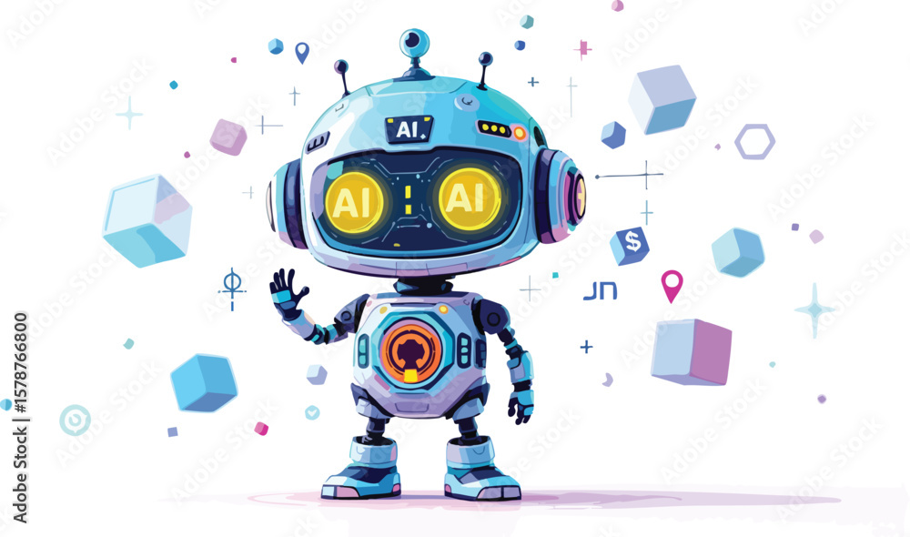 Poster friendly artificial intelligence robot concept with colorful cubes and technical design elements.