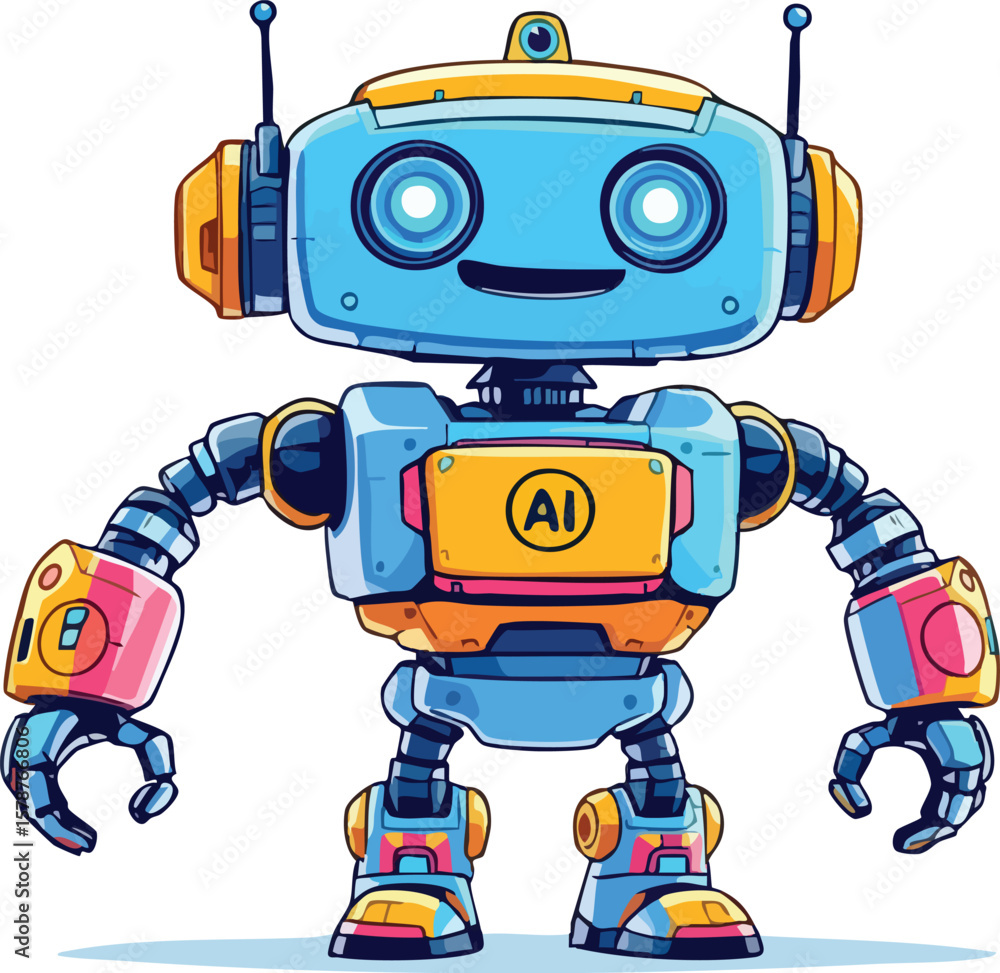 Poster friendly cartoon robot character with ai symbol illustrating artificial intelligence and technology.