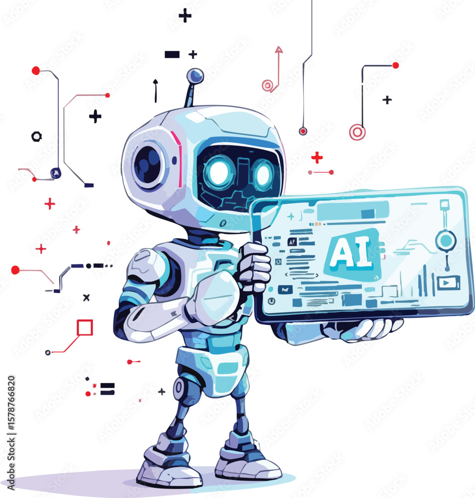 Poster friendly cartoon robot presenting artificial intelligence information on transparent digital display