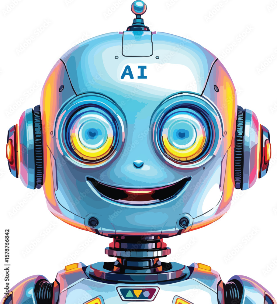 Poster friendly robot illustration depicting artificial intelligence technology and modern digital automati