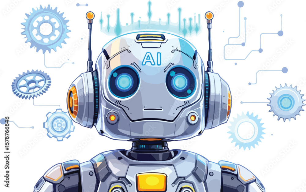 Poster futuristic ai robot head surrounded by digital data elements for technology and innovation projects.