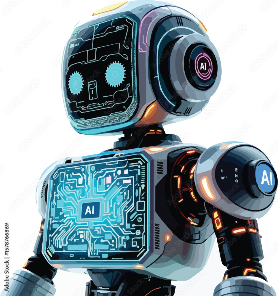 Poster futuristic ai robot with glowing circuit board and digital display on a white background.