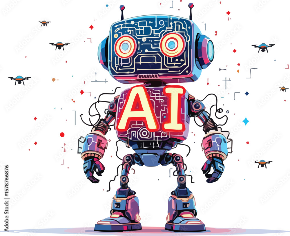 Poster futuristic ai robot with drones depicting artificial intelligence and technological advancements.
