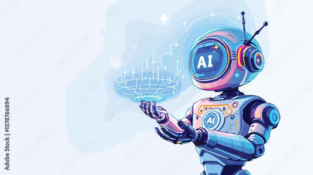 Poster futuristic robot presenting artificial intelligence data visualization with a clean and modern aesth