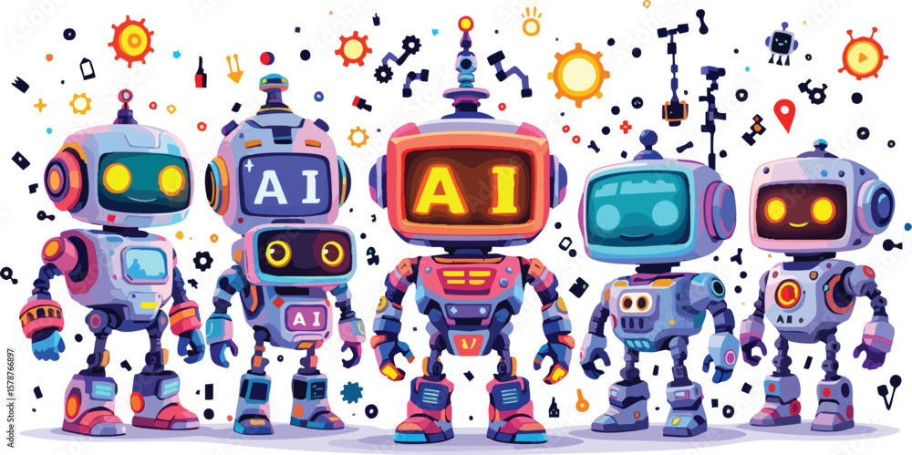 Poster playful cartoon robots displaying artificial intelligence concepts and futuristic technology.