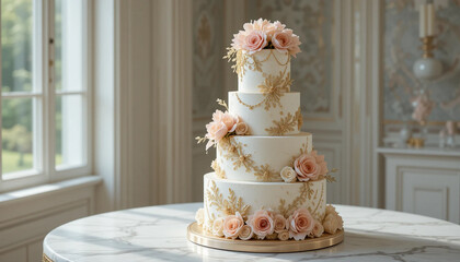 luxurious multi-tier wedding cake decorated with delicate pastel flowers and gold accents, placed on a marble table with soft natural light, high detail, food photography style