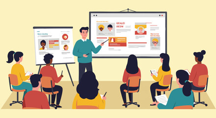 Business training seminar with diverse team and presentation