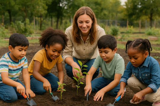 Teacher helping diverse group of elementary school students planting seedlings - Powered by Adobe