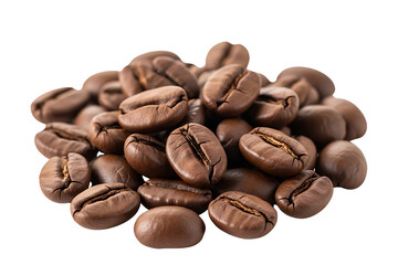 Pile of roasted brown coffee beans isolated on transparent background