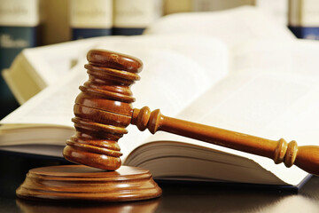 judge gavel mallet in foreground with law books in background unfocuseds