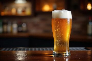 Sweaty condensation on a chilled beer glass sits on a dark wood bar , tavern, beverage, glass