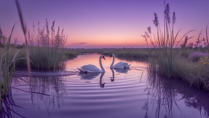 Naklejka premium Two Swans Swimming on Water Reflecting a Stunning Purple Sky