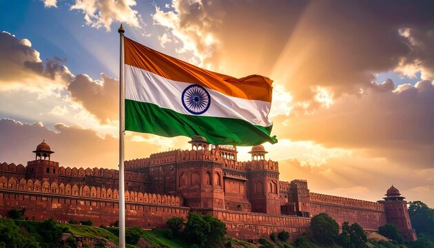 Indian Flag Waving at Red Fort under Dramatic Sky – Independence Day Banner