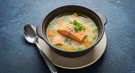 A bowl of salmon soup with parsley and carrots on a plate next to a spoon on a dark surface