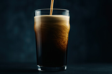 Dark nitro coffee pour creating satiny cascades and creamy wave patterns in pint glass