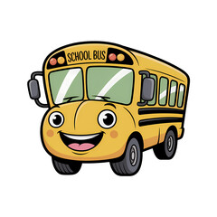 Bright yellow cartoon school bus with a friendly face and cheerful expression ready for children to board before school time