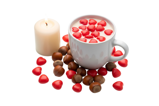 Hot drink in a mug with hearts, nuts, and a candle isolated on transparent background