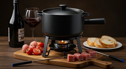 A fondue pot with meat tomatoes bread and wine bottle on a wooden surface in a studio setting