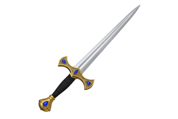 Ornate medieval sword with blue jeweled gold guard and black handle isolated on transparent background