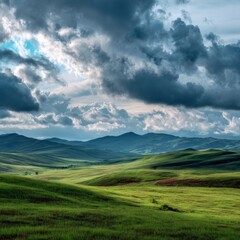 Serene Landscape of Rolling Green Hills Under Dramatic Cloudy Sky