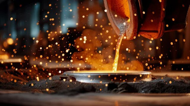 Molten metal pouring into a mold creates sparks in a dramatic industrial scene.