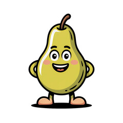 Cartoon pear character with a cheerful expression and limbs poses happily on a white background