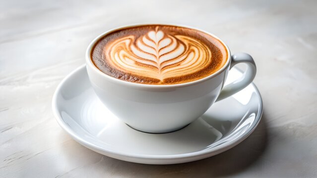 Close up of a cappuccino with latte art in a white cup on a white saucer and marble background