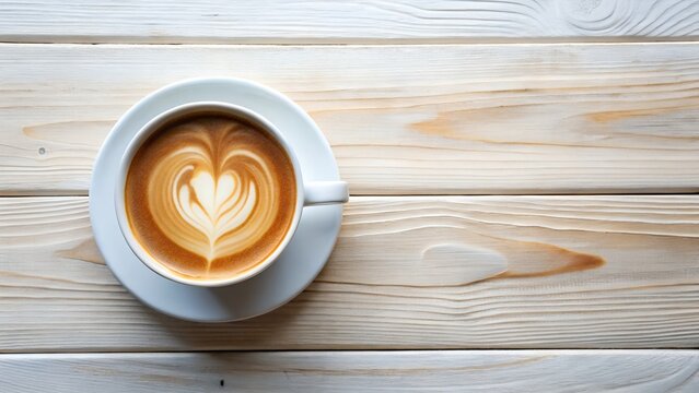 Overhead shot of latte art in white cup on white wooden table with space for text or background