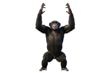 A chimpanzee standing with its arms raised, isolated on a transparent background