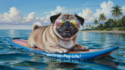 Cool pug wearing sunglasses surfs on a paddleboard in the ocean