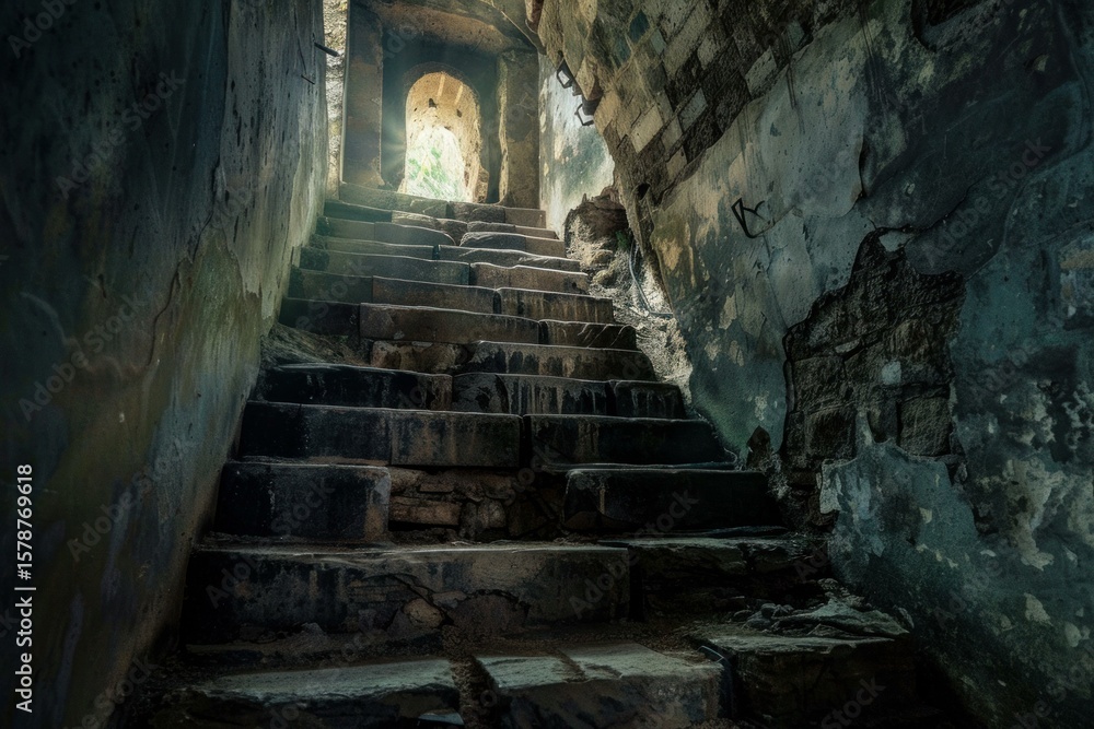 Poster worn stone steps ascending towards a distant light source in a crumbling, decaying structure