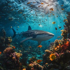 Giant whale shark glides through ocean reef high resolution picture