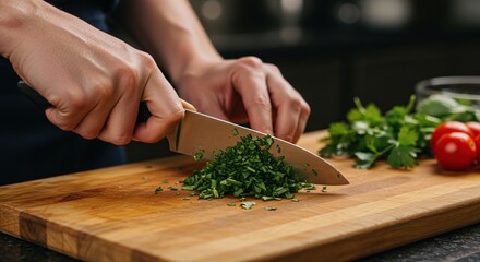 Fresh herb preparation on a wooden cutting board with a sharp knife showcases culinary skill in home cooking.