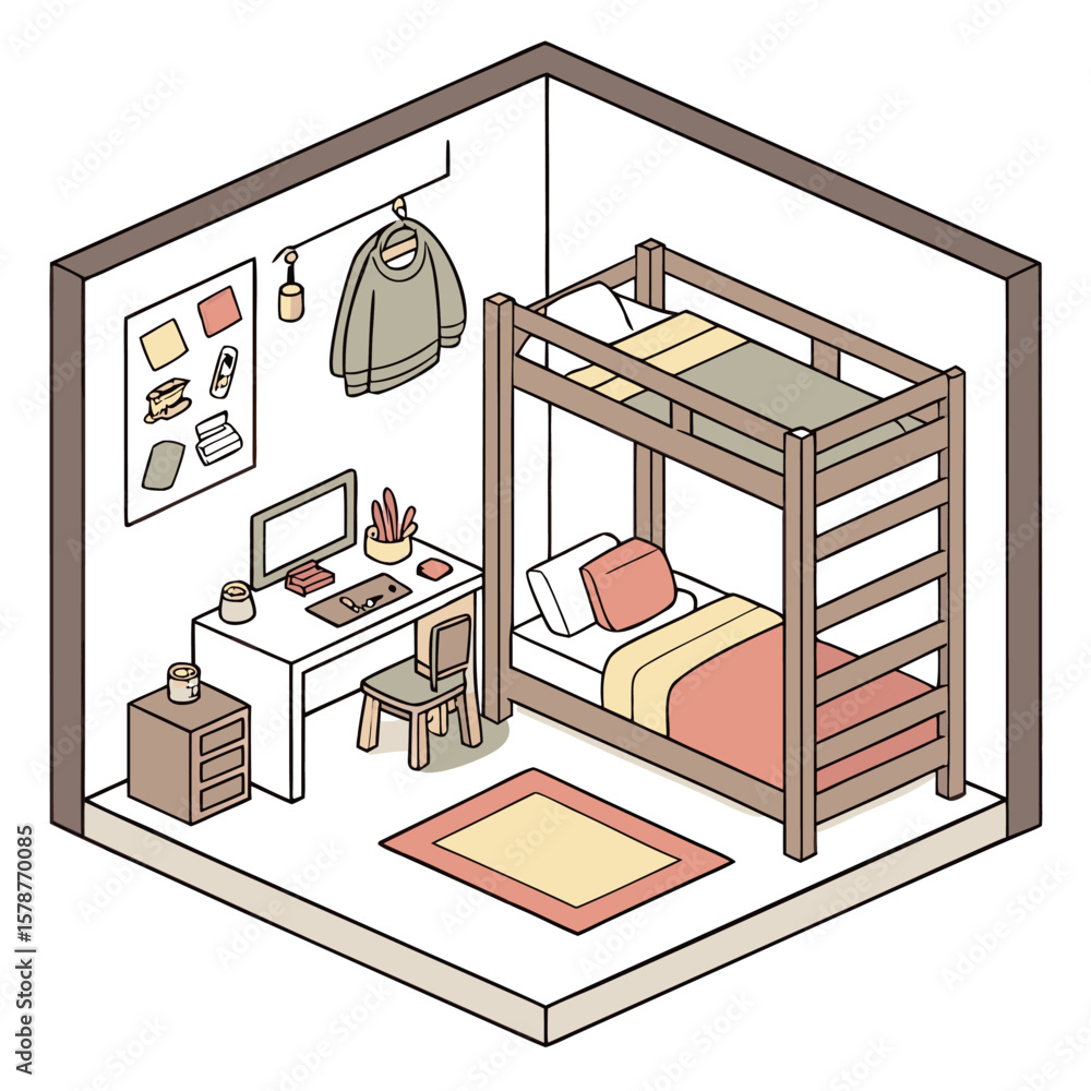 Poster isometric view of a dorm room with a bunk bed desk and computer chair and a rug on the floor in a ro