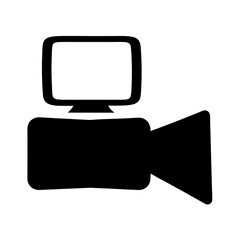 Black Silhouette of a Camera and Screen, A black silhouette of a camera with a screen, symbolizing video recording or filming.

