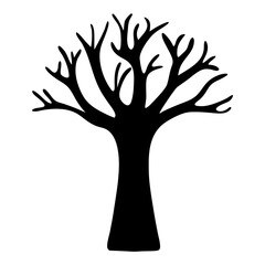 Black Silhouette of a Bare Tree, A black silhouette of a bare tree with intricate branches, symbolizing winter or a leafless state.
