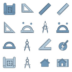 A comprehensive collection of blue line art icons representing essential architectural drafting tools and various building design elements.