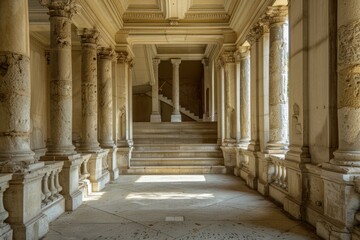 Sunlight illuminates a hallway with columns and a staircase, showcasing architectural grandeur and creating a sense of timeless elegance