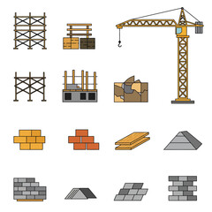 Fototapeta premium Construction site icons set: crane, scaffolding, bricks, wood, concrete, and other building materials, perfect for construction, architecture, and engineering projects, websites, and presentations.