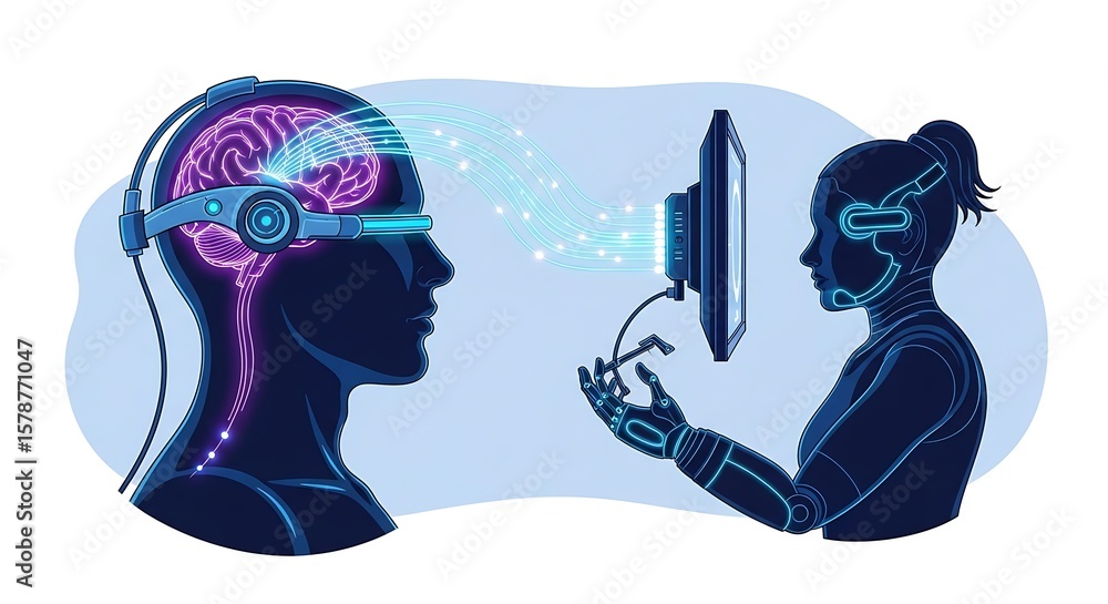 Poster conceptual illustration showcasing brain-computer interface and robotic assistance in a futuristic s