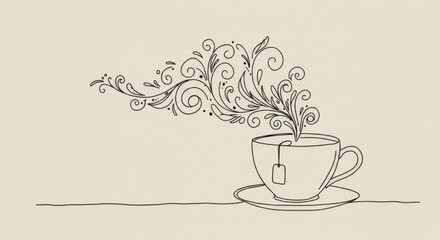 Teacup with Botanical Steam Illustration