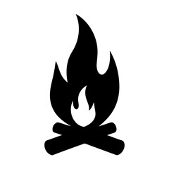 Stylized black campfire icon with burning flames and logs on a white background