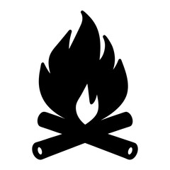 Simple black campfire with cross logs and flame silhouette on white