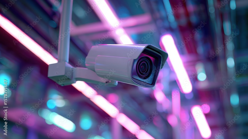 Aufkleber modern security camera hanging in a neon-lit environment with colorful light strips in the backgroun